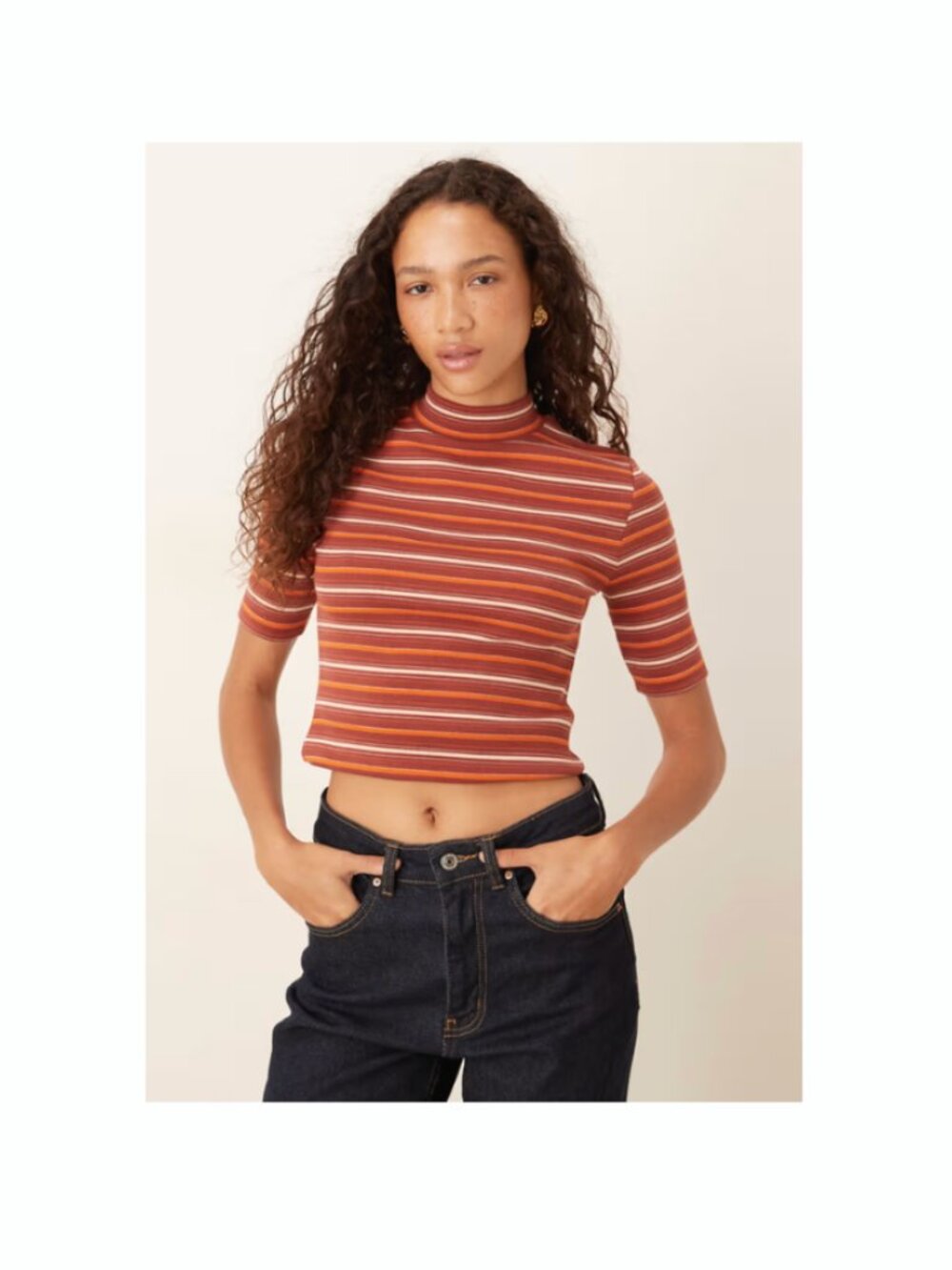 ASOS DESIGN Mini Ribbed High Neck Top with Half Sleeve Detailing in Red